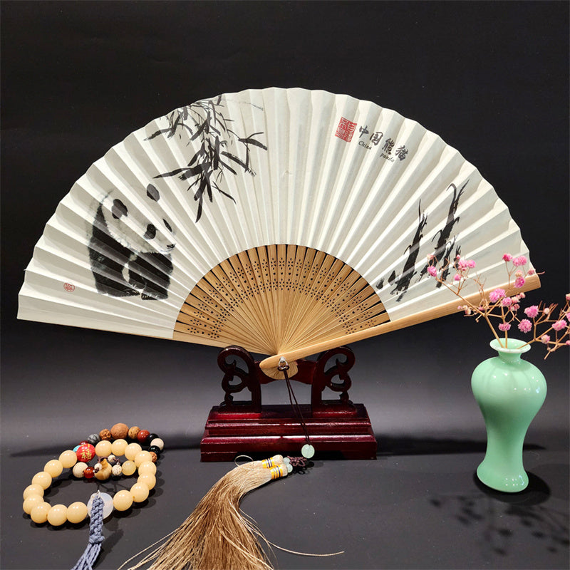Buddha Stones、山河のパノラマ、鶴、蘭の花、紙、竹、手持ちシルク竹扇子 22cm - パンダ 22cm - image 15