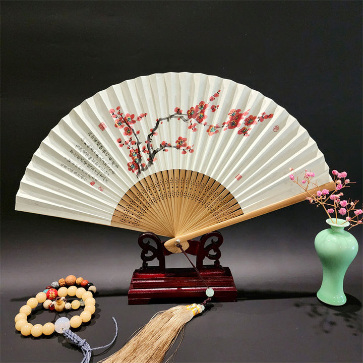 Buddha Stones、山河のパノラマ、鶴、蘭の花、紙、竹、手持ちシルク竹扇子 22cm - 赤い花 22cm - image 16