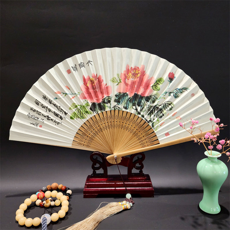 Buddha Stones、山河のパノラマ、鶴、蘭の花、紙、竹、手持ちシルク竹扇子 22cm - 牡丹の花 22cm - image 17