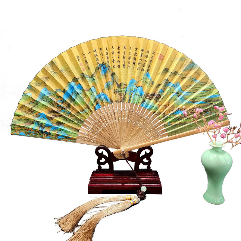 Buddha Stones、山河のパノラマ、鶴、蘭の花、紙、竹、手持ちシルク竹扇子 22cm - image 2