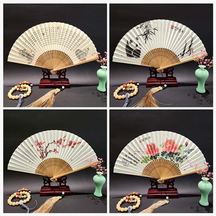 Buddha Stones、山河のパノラマ、鶴、蘭の花、紙、竹、手持ちシルク竹扇子 22cm