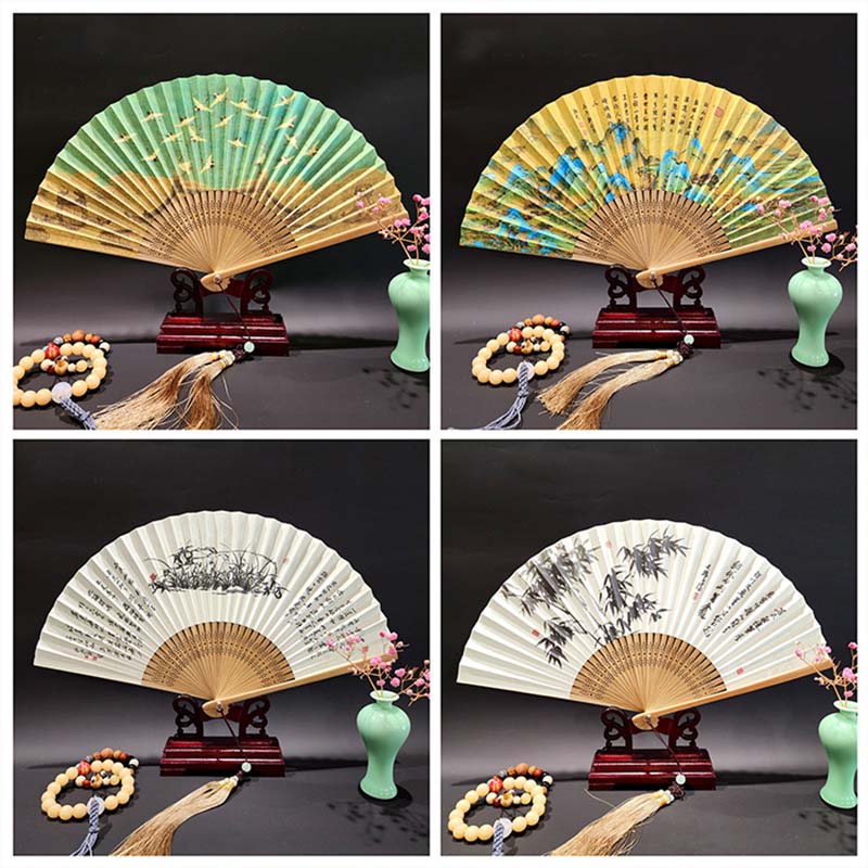 Buddha Stones、山河のパノラマ、鶴、蘭の花、紙、竹、手持ちシルク竹扇子 22cm - image 20