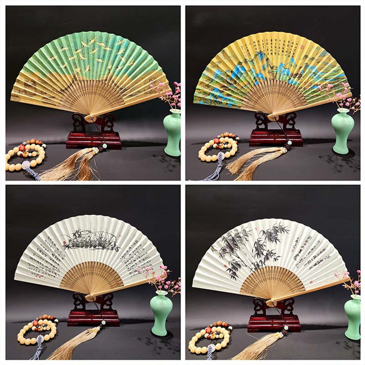 Buddha Stones、山河のパノラマ、鶴、蘭の花、紙、竹、手持ちシルク竹扇子 22cm - image 20