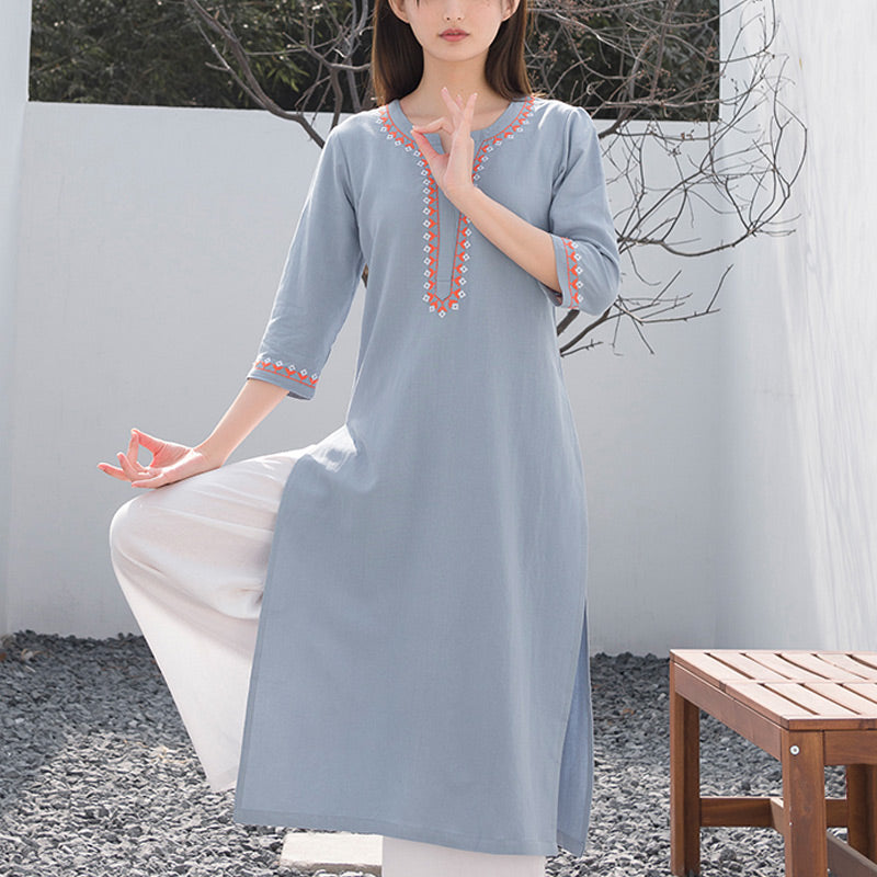 Buddha Stones 2点 Vネック 刺繍 ヨガウェア 禅瞑想 コットンリネン トップパンツ レディース セット - ブルーのトップスとホワイトのパンツ - US12、 UK/AU16、 EU44 (2XL)  - image 5