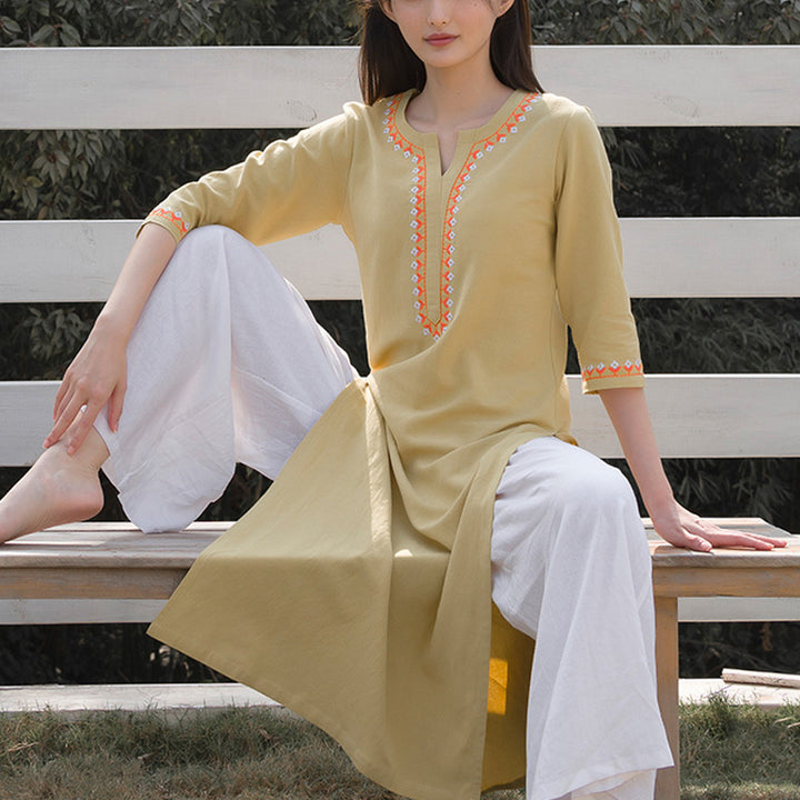 Buddha Stones 2点 Vネック 刺繍 ヨガウェア 禅瞑想 コットンリネン トップパンツ レディース セット - image 14