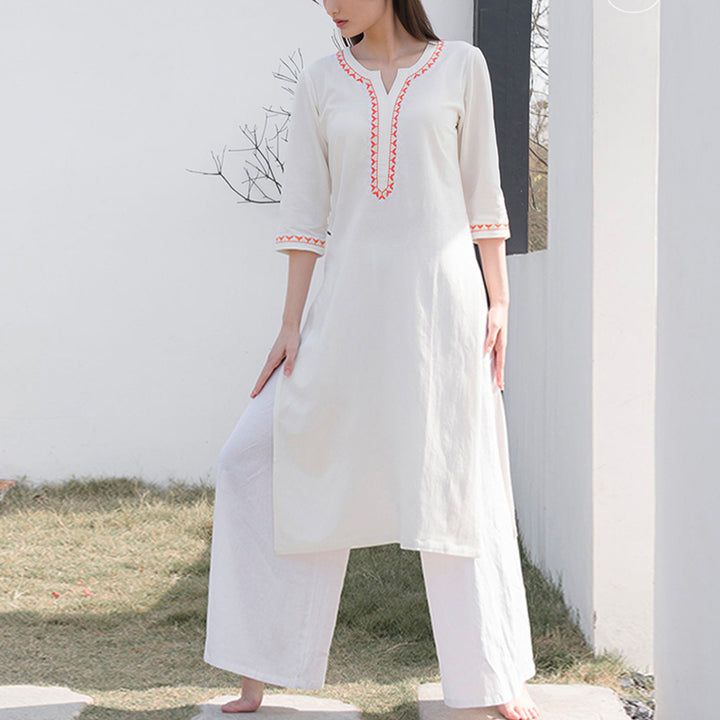 Buddha Stones 2点 Vネック 刺繍 ヨガウェア 禅瞑想 コットンリネン トップパンツ レディース セット - image 2