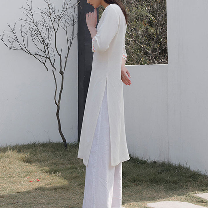 Buddha Stones 2点 Vネック 刺繍 ヨガウェア 禅瞑想 コットンリネン トップパンツ レディース セット - image 3