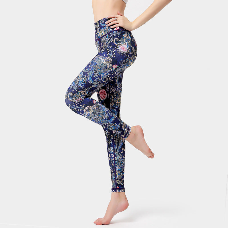 Buddha Stones、花、葉、鳥のプリントパンツ スポーツ フィットネス ヨガ ダンス レギンス レディース ヨガパンツ - ダークブルー - US8-10、 UK/AU12-14、 EU40-42 (XL) - image 9