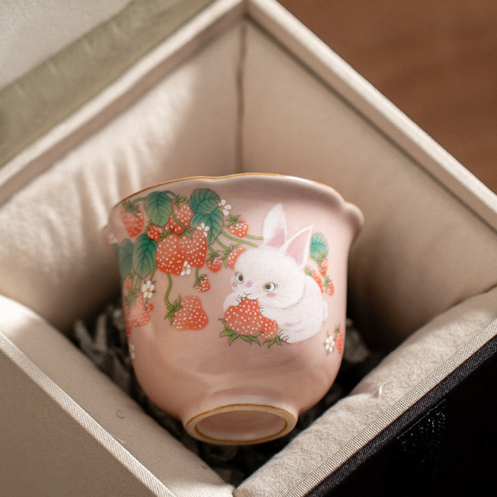 Buddha Stonesかわいいイチゴウサギの花 陶器ティーカップ カンフーティーカップ 55ml