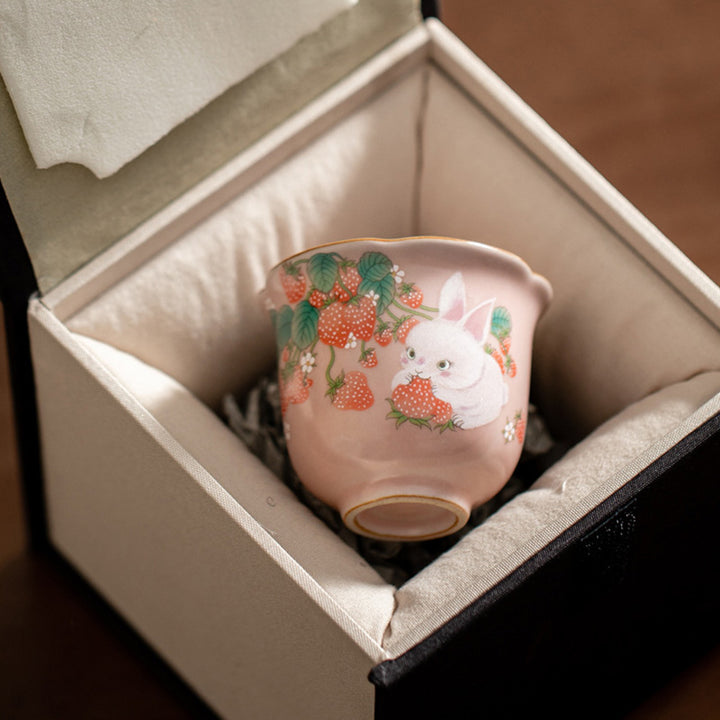 Buddha Stonesかわいいイチゴウサギの花 陶器ティーカップ カンフーティーカップ 55ml