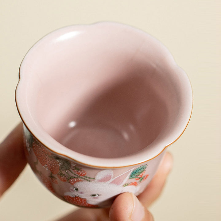 Buddha Stonesかわいいイチゴウサギの花 陶器ティーカップ カンフーティーカップ 55ml