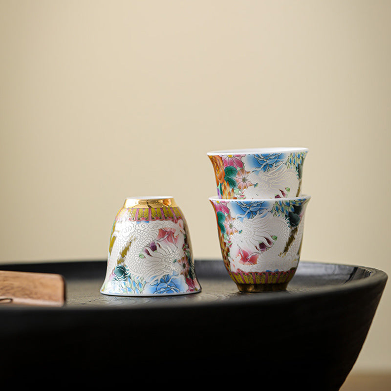 Buddha Stones龍鳳凰花陶器ティーカップカンフーティーカップ50ml
