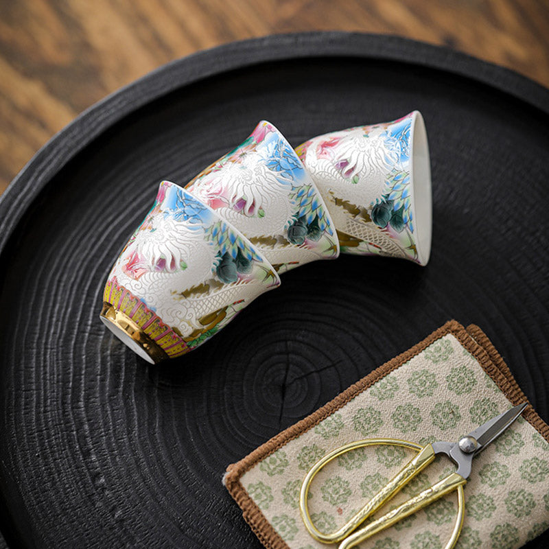Buddha Stones龍鳳凰花陶器ティーカップカンフーティーカップ50ml