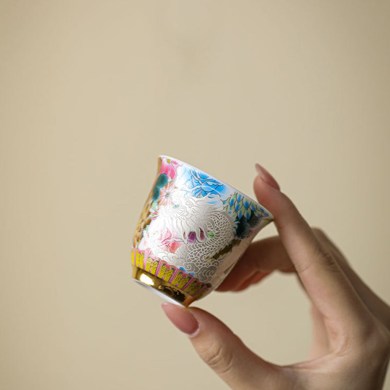 Buddha Stones龍鳳凰花陶器ティーカップカンフーティーカップ50ml