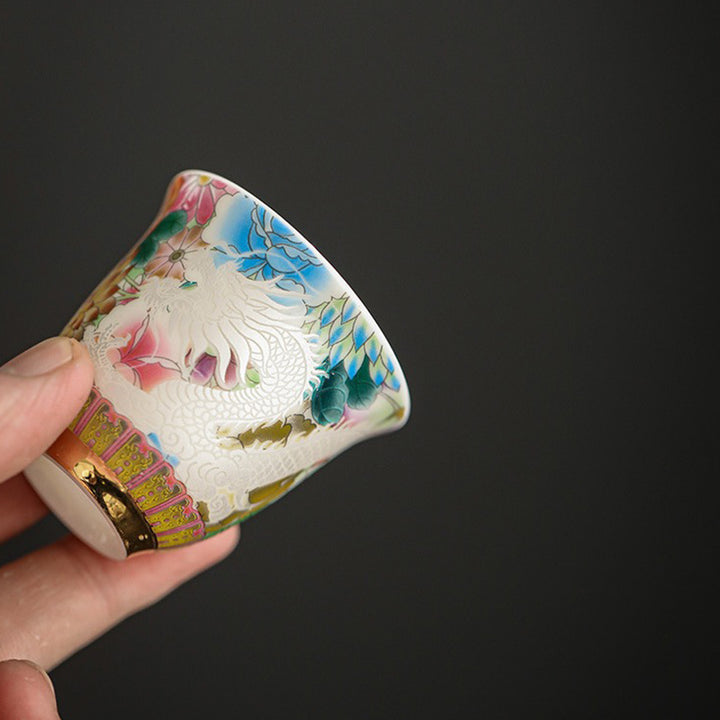 Buddha Stones龍鳳凰花陶器ティーカップカンフーティーカップ50ml
