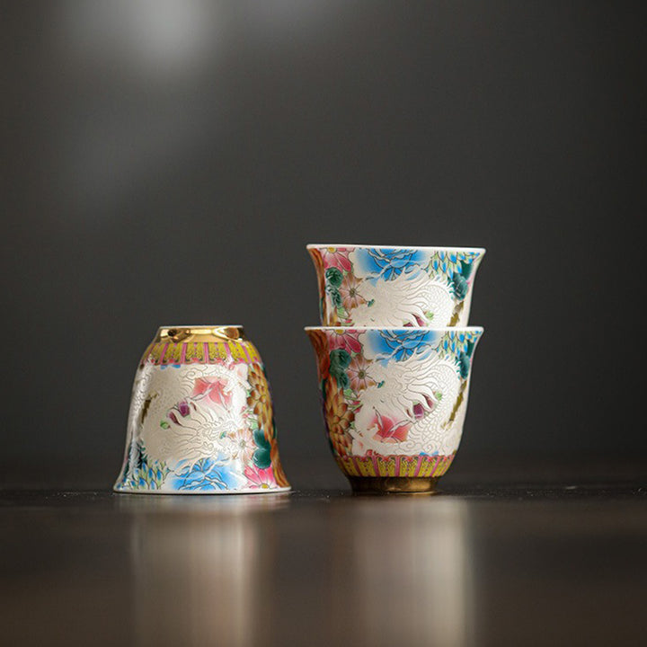 Buddha Stones龍鳳凰花陶器ティーカップカンフーティーカップ50ml