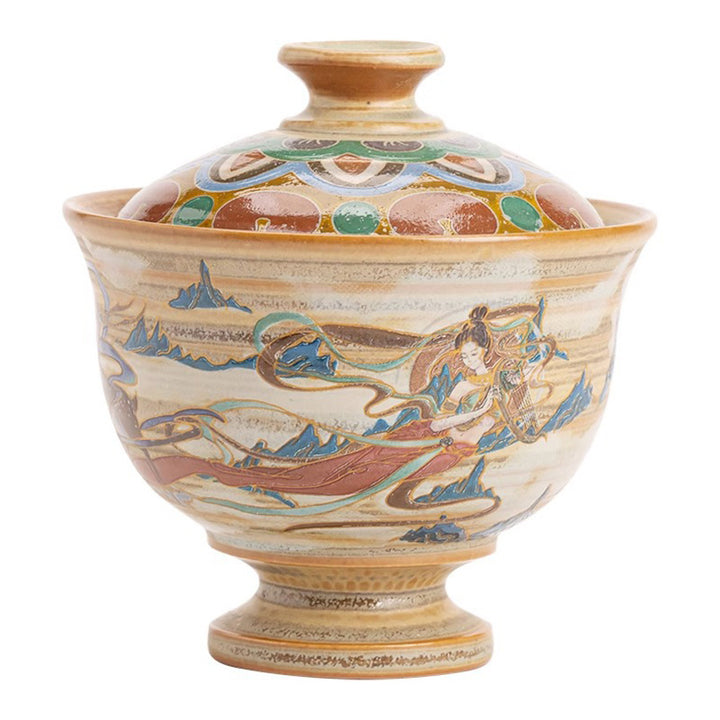 Buddha Stones敦煌 フライング アプサラス セラミック Gaiwan Sancai ティーカップ カンフー ティーカップ 蓋付き
