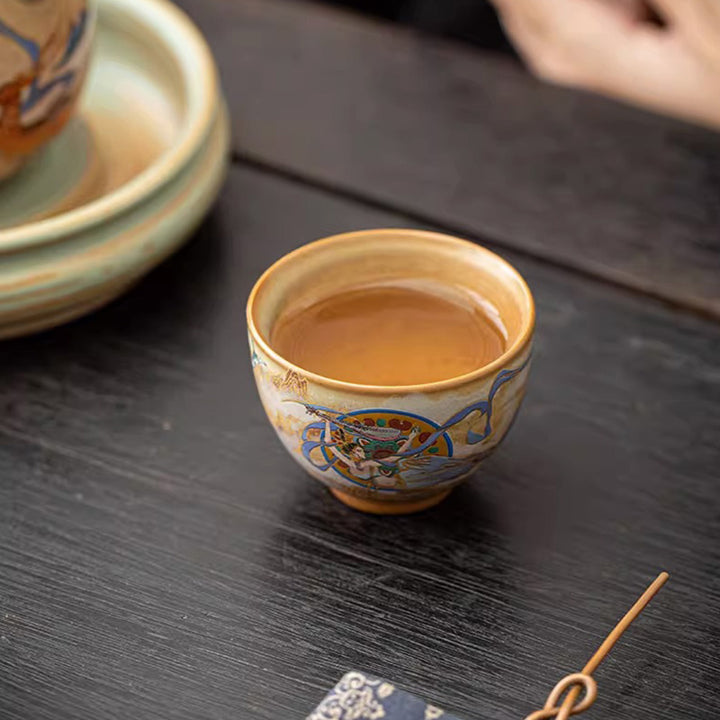 Buddha Stones敦煌 フライング アプサラス セラミック Gaiwan Sancai ティーカップ カンフー ティーカップ 蓋付き