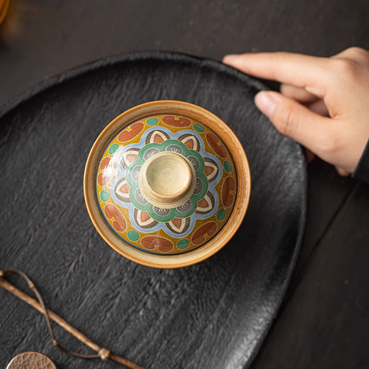 Buddha Stones敦煌 フライング アプサラス セラミック Gaiwan Sancai ティーカップ カンフー ティーカップ 蓋付き