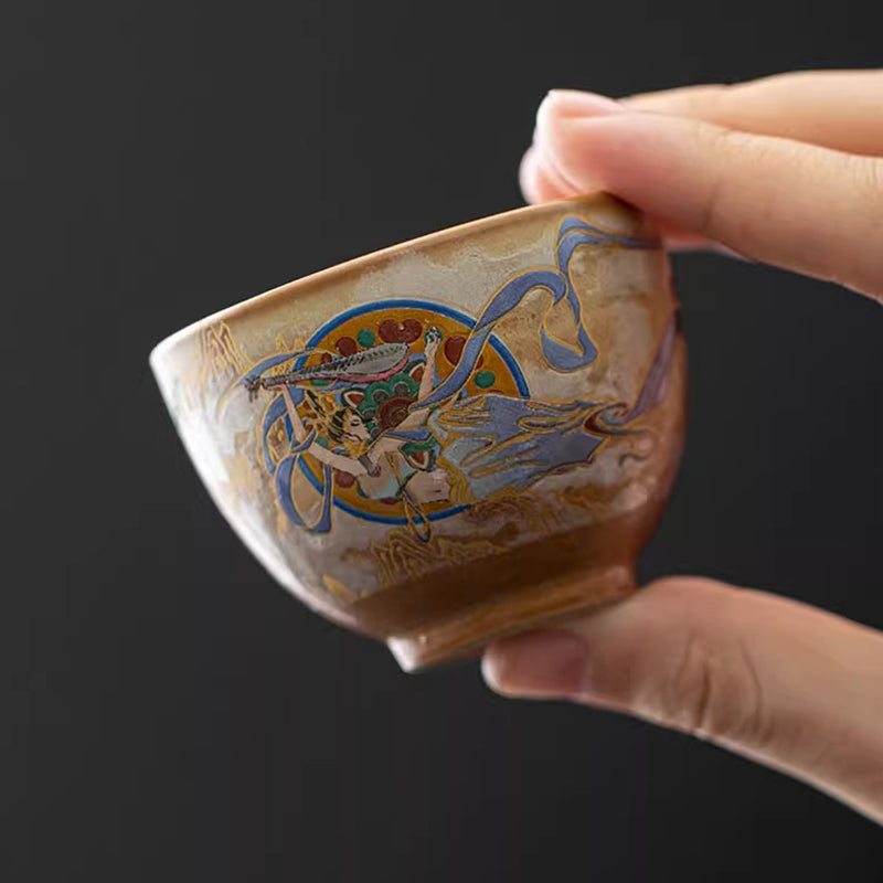 Buddha Stones敦煌 フライング アプサラス セラミック Gaiwan Sancai ティーカップ カンフー ティーカップ 蓋付き