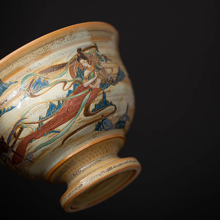 Buddha Stones敦煌 フライング アプサラス セラミック Gaiwan Sancai ティーカップ カンフー ティーカップ 蓋付き