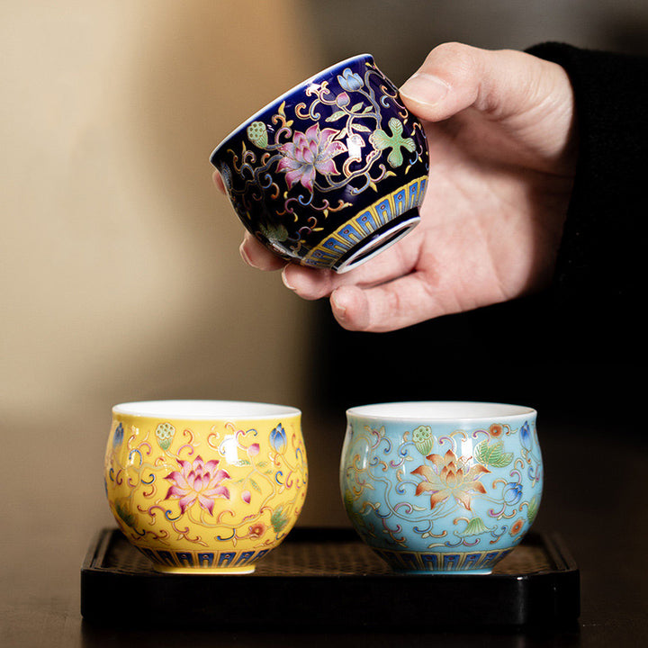 Buddha Stones蓮の花模様 陶器 ティーカップ カンフーティーカップ 80ml