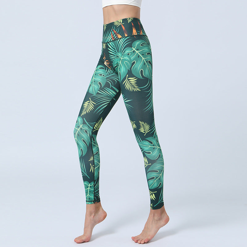 Buddha Stonesのプリントパンツ スポーツ フィットネス ヨガ ハイウエスト レギンス レディース ヨガパンツ - 緑の葉 - US8-10、 UK/AU12-14、 EU40-42 (XL)  - image 0