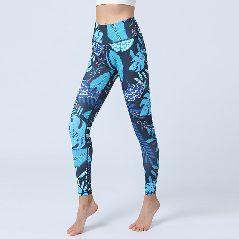 Buddha Stonesのプリントパンツ スポーツ フィットネス ヨガ ハイウエスト レギンス レディース ヨガパンツ - 青い葉 - US8-10、 UK/AU12-14、 EU40-42 (XL)  - image 4