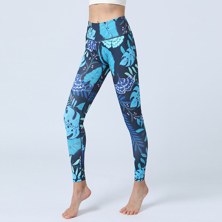 Buddha Stonesのプリントパンツ スポーツ フィットネス ヨガ ハイウエスト レギンス レディース ヨガパンツ - 青い葉 - US8-10、 UK/AU12-14、 EU40-42 (XL)  - image 4