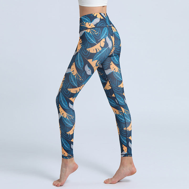 Buddha Stonesのプリントパンツ スポーツ フィットネス ヨガ ハイウエスト レギンス レディース ヨガパンツ - スティールブルーイエローリーフ - US8-10、 UK/AU12-14、 EU40-42 (XL)  - image 11