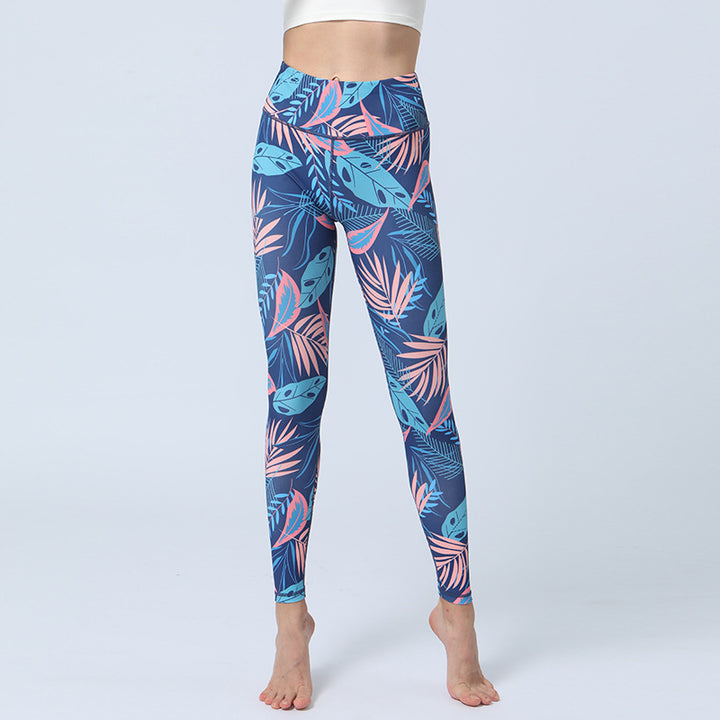 Buddha Stonesのプリントパンツ スポーツ フィットネス ヨガ ハイウエスト レギンス レディース ヨガパンツ - 青とピンクの葉 - US8-10、 UK/AU12-14、 EU40-42 (XL)  - image 15