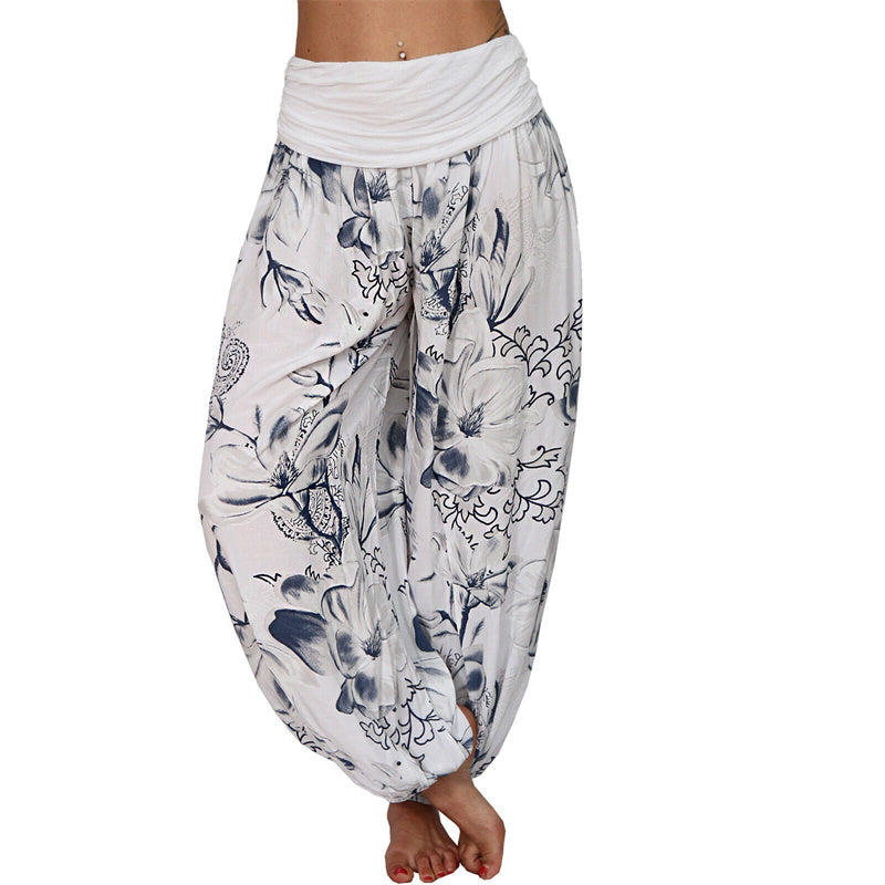 Buddha Stonesと花の葉柄のゆったりハーレムパンツ レディース ヨガパンツ - 白 - US20、 UK/AU24、 EU52 (5XL) - image 4