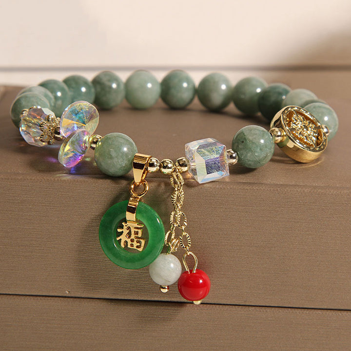 Buddha Stones ストロベリークォーツ＆翡翠 福チャーム付き ヒーリングブレスレット