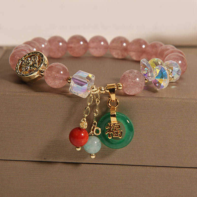 Buddha Stones ストロベリークォーツ＆翡翠 福チャーム付き ヒーリングブレスレット