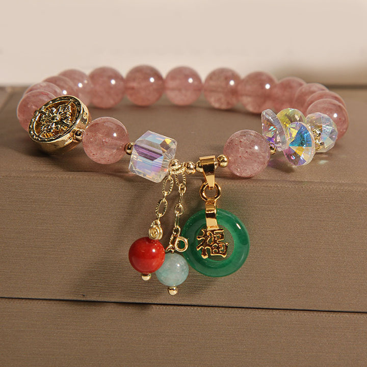 Buddha Stones ストロベリークォーツ＆翡翠 福チャーム付き ヒーリングブレスレット