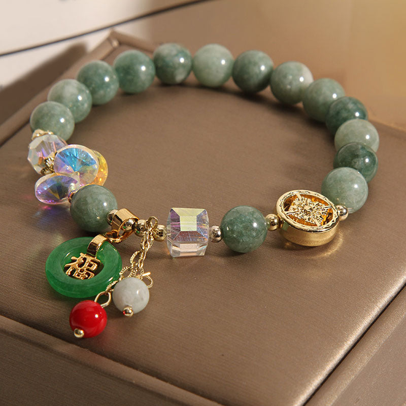 Buddha Stones ストロベリークォーツ＆翡翠 福チャーム付き ヒーリングブレスレット