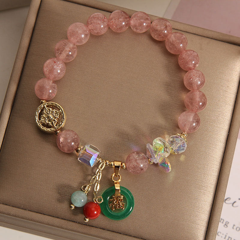 Buddha Stones ストロベリークォーツ＆翡翠 福チャーム付き ヒーリングブレスレット