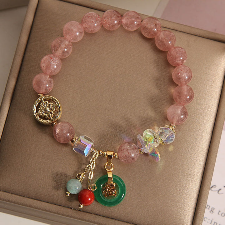 Buddha Stones ストロベリークォーツ＆翡翠 福チャーム付き ヒーリングブレスレット