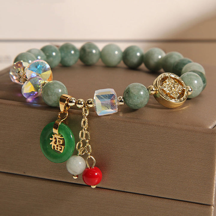 Buddha Stones ストロベリークォーツ＆翡翠 福チャーム付き ヒーリングブレスレット