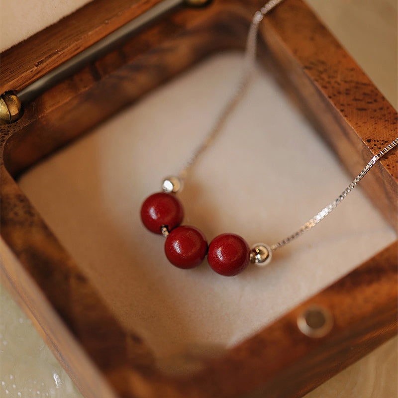 Buddha Stones925スターリングシルバー シナバービーズ 穏やかな祝福のネックレスペンダント - 6mm 辰砂ビーズ3個 - image 0