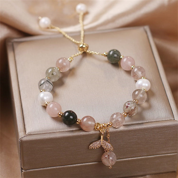 Buddha Stonesストロベリークォーツ ルチルクォーツ フィッシュテールチャーム ヒーリングブレスレット
