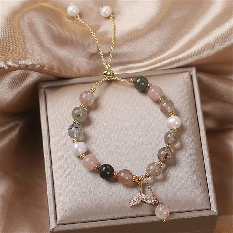Buddha Stonesストロベリークォーツ ルチルクォーツ フィッシュテールチャーム ヒーリングブレスレット