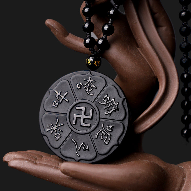 Buddha Stones天然黒曜石 チベット産Om Mani Padme Hum仏陀 卍 幸運のネックレスペンダント