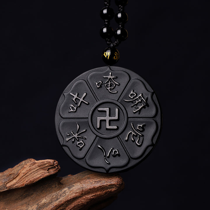 Buddha Stones天然黒曜石 チベット産Om Mani Padme Hum仏陀 卍 幸運のネックレスペンダント