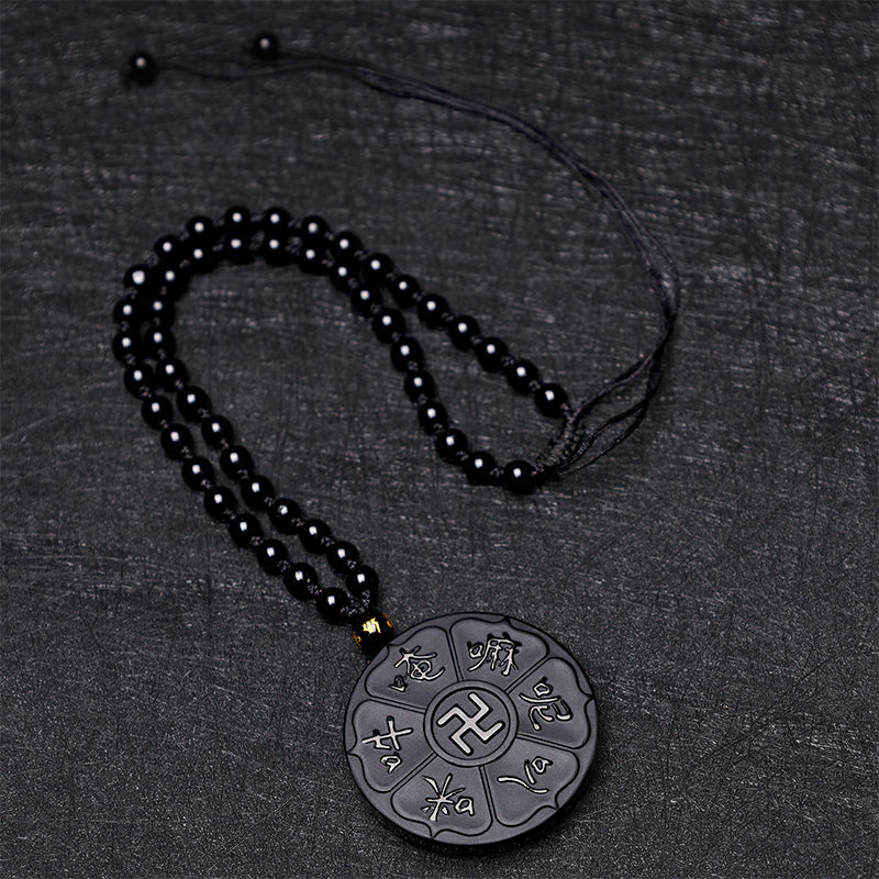 Buddha Stones天然黒曜石 チベット産Om Mani Padme Hum仏陀 卍 幸運のネックレスペンダント