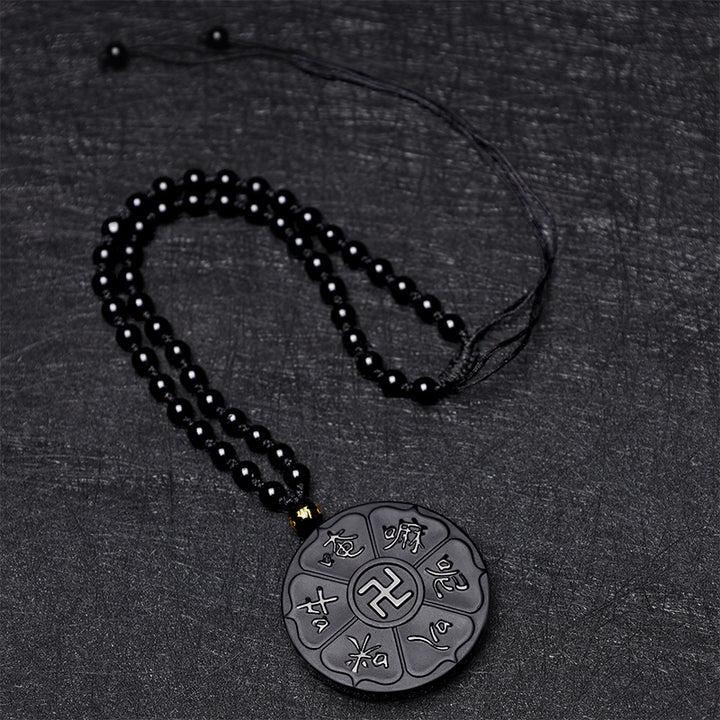Buddha Stones天然黒曜石 チベット産Om Mani Padme Hum仏陀 卍 幸運のネックレスペンダント