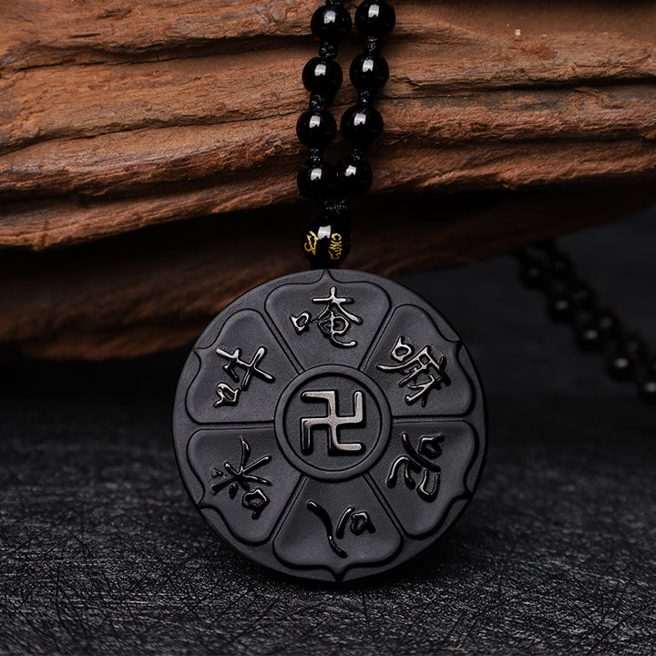 Buddha Stones天然黒曜石 チベット産Om Mani Padme Hum仏陀 卍 幸運のネックレスペンダント