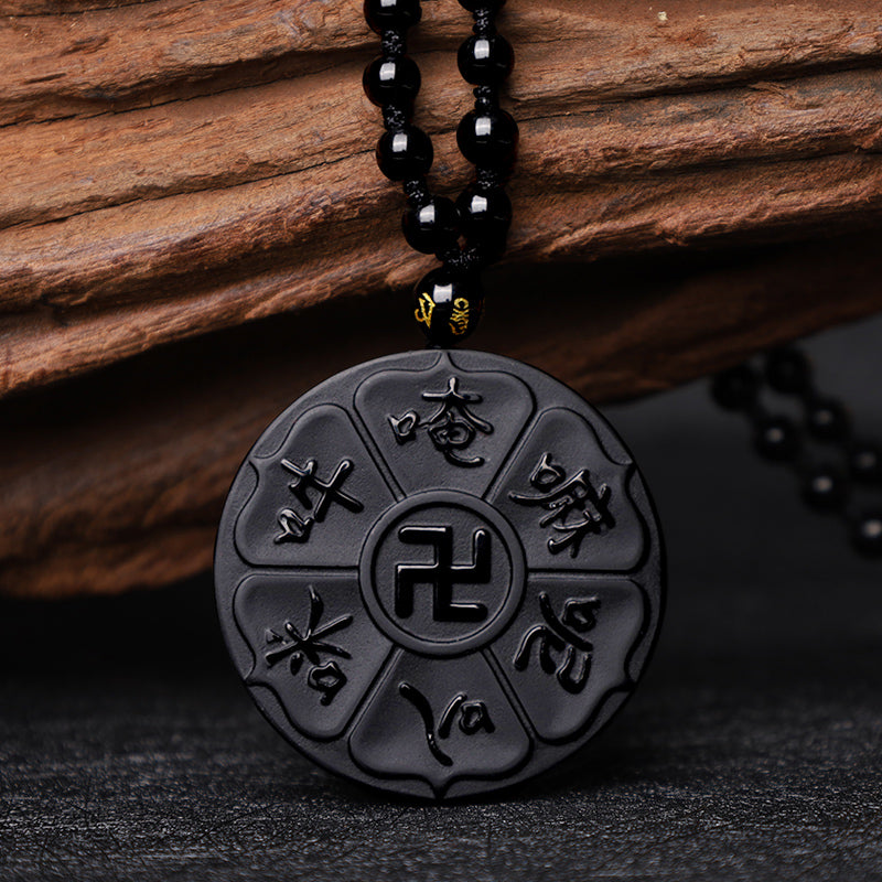 Buddha Stones天然黒曜石 チベット産Om Mani Padme Hum仏陀 卍 幸運のネックレスペンダント