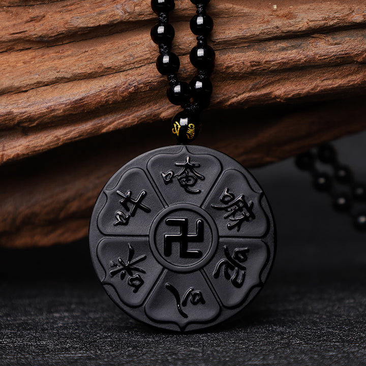 Buddha Stones天然黒曜石 チベット産Om Mani Padme Hum仏陀 卍 幸運のネックレスペンダント