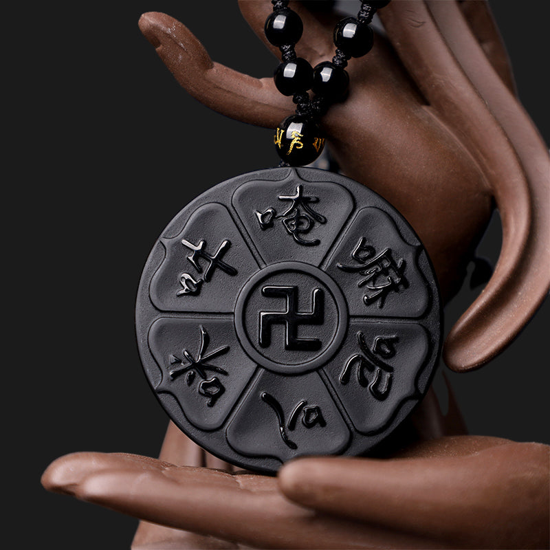 Buddha Stones天然黒曜石 チベット産Om Mani Padme Hum仏陀 卍 幸運のネックレスペンダント